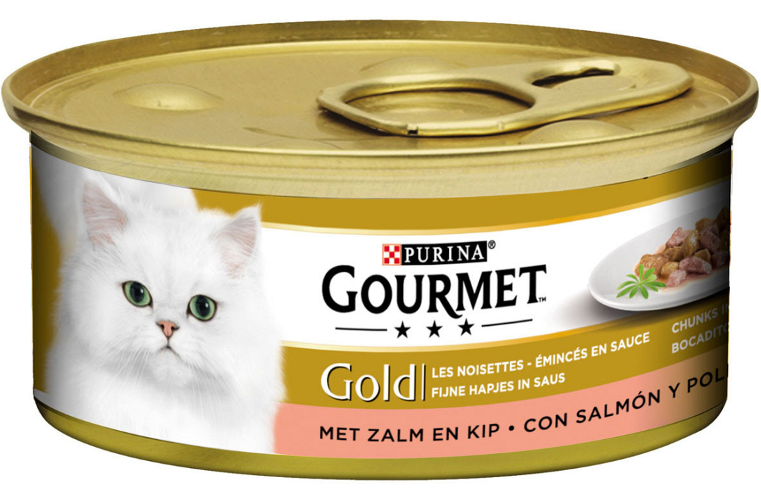 zebra biologisch Mijlpaal Gourmet kattenvoer Gold Fijne Hapjes zalm en kip 85 gr | Animal Center